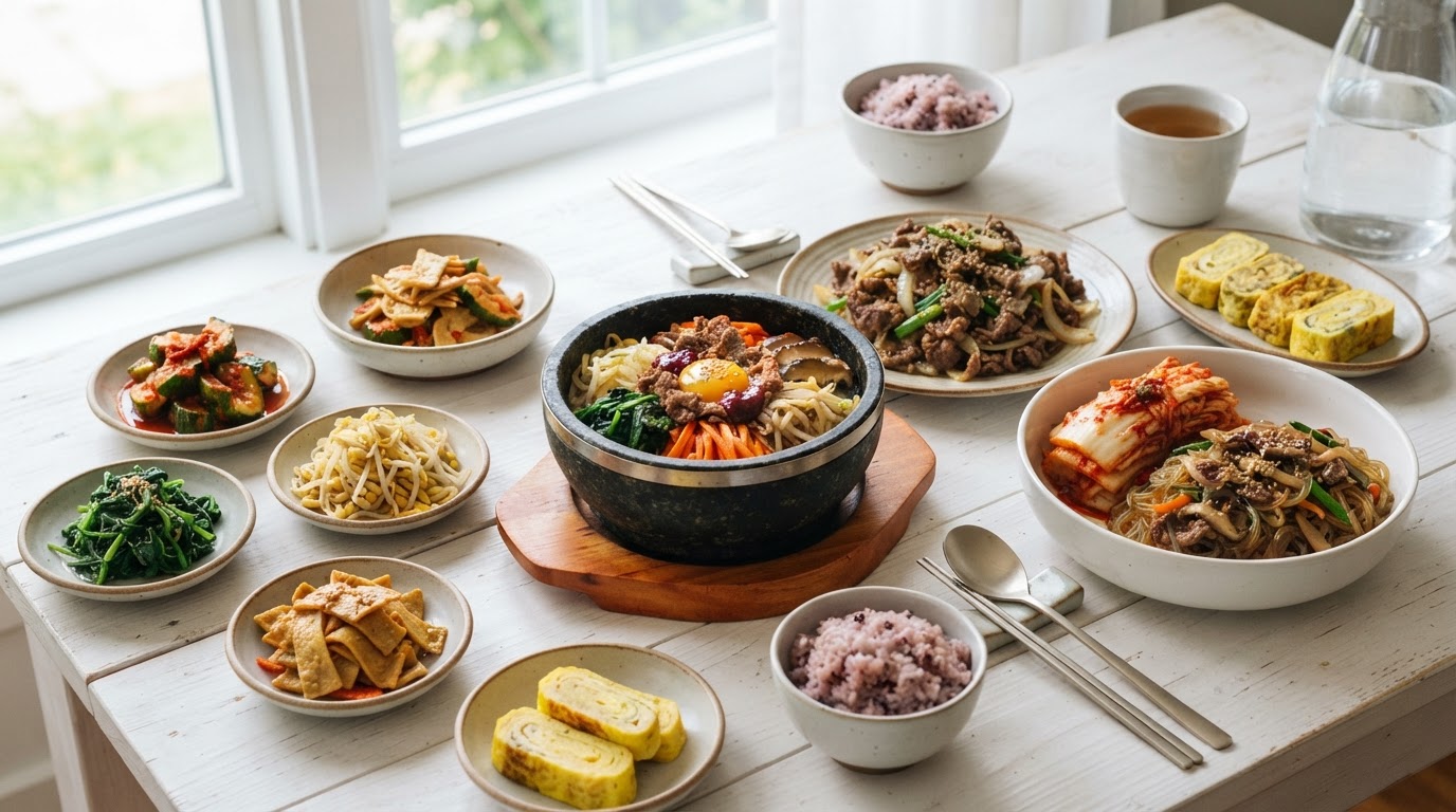 한식 쿠킹 클래스 완성 음식 비빔밥 불고기 김치